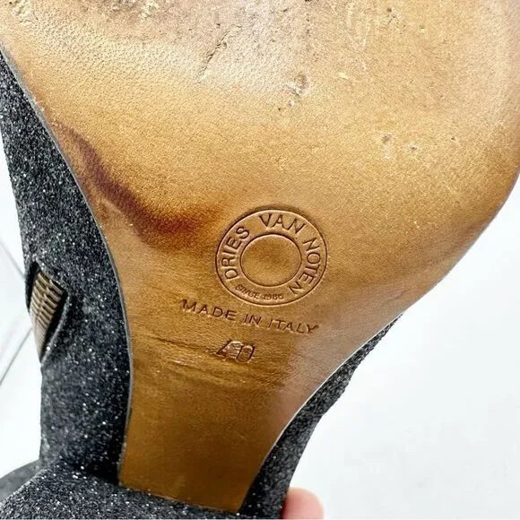 Dries Van Noten Black Glitter Block Heel Side-zip‎ Designer Bootie Boots Sz 9.5